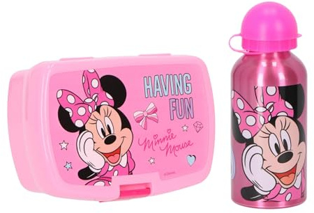 Minnie Disney Mouse Lunch Box with Water Bottle - Children's Lunch Box Set, 2 Pieces, Pink, Ideal for School, Nursery & Trips