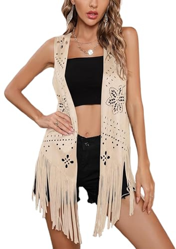 Women Tassel Vest 70s Hippie Costume Sleeveless Rivet Faux Suede Waistcoat | Open Front Fringe Waistcoat Jacket, Western Hippie Long Cardigan Perfect for Summer Going Out Party