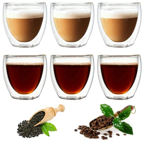 BEE&FLOWER Tasse Double Paroi 100ml, Verre Double Paroi 6PCS Verres à Café en Verre 100 ml pour Cappuccino Couche Lait, thé, Tacheté, Whiskey Verre à Double Paroi, Verre à Café