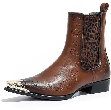 Menâs Western Chelsea Boots with Metal Toe Cap and Pointed Toe, Embroidered Cowboy Ankle Boots, Fashion Western Style Chelsea Boots for Party, Stage, and Streetwear