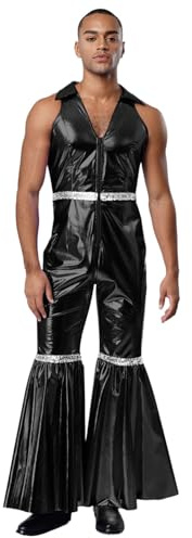 Rswnyirn herr metallisk jumpsuit racket playsuit ärmlös med krage retro disco kostym halloween karneval kostym