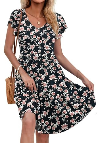 AUSELILY Women UK Summer Midi Dress V-Neck Ruffle Short Sleeve with Pocket | Ruffle Petal Short Sleeves,V-Neck A-Line Silhouette,Two-Tier Midi Dress,Two Side Pockets,Summer Casual Sundress