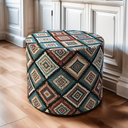 DAWNYIELD Puff Taburete, Puf Redondo Estilo Bohemio, otomana con Funda Bordada desenfundable, Relleno de Espuma densa para salón, Dormitorio, recibidor, 49x49x35 cm