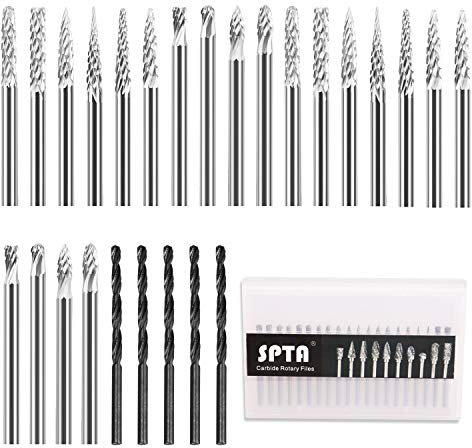 Fresas giratorias, SPTA 20Pcs fresa carburo de tungsteno meche acero rotativo archivos brocas de diamante/herramienta rotativa con 1/8 (3mm) Varilla/DIY carpintería, escultura, grabado, perforación