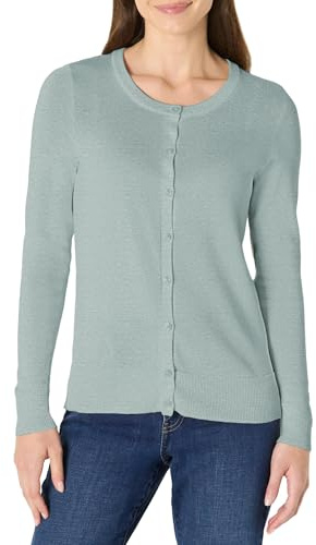 Amazon Essentials Women's Lightweight Crewneck Cardigan Sweater, Sage Green Heather, Medium