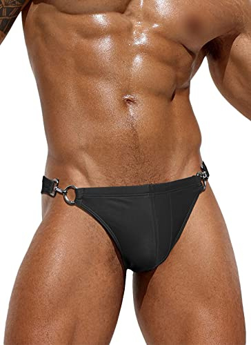SEAUR Bañador para hombre, ajustado, corto, mini bañador con hebillas de metal, sexy, moda, natación, verano, playa, piscina, S, M, L, XL, Dos hebillas de metal (negro), L