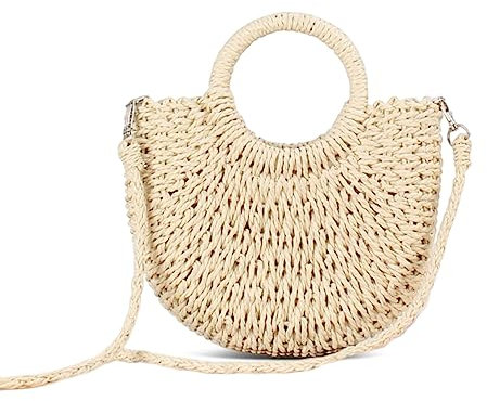 NICOLE & DORIS Strandtasche Damen Stroh Handtasche Runde Umhängetasche Sommer Strandtasche Handgewebte Tasche Top Griff Stroh Handtasche Geldbörse Beige