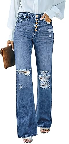 Roskiky Jeans da donna a vita alta, svasati, jeans larghi elasticizzati con fori, S