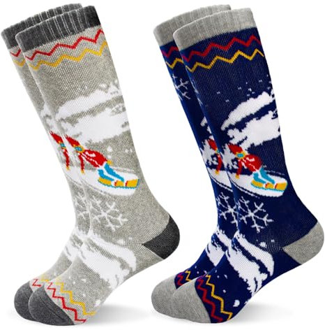 GRPSKCOS Jungen Skisocken, 2 Paar warme dicke Schneesocken für Kinder Mädchen Kleinkind Winter Skifahren Snowboarden（01 Marineblau + Grau- 2 Paare，3-6 Jahre）