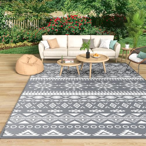 MOKANI Outdoor Teppich Wetterfest, Wendbarer Balkon Camping Teppich 180x270 cm, Kunststoff Stroh Terrasse Matte UV-beständige Outdoorteppich Rug Carpet für Garten RV Picknick, Boho-Style, Grau