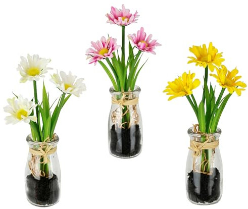 Flair Flower Künstliche Mini-Margeriten im Glas Arrangement Gänseblümchen Deko Dekoblumen Pflanzen Kunstblume Frühjahrsdekoration Unechte Blumen Frühjahr Ostern Osterdeko Tischdeko 3er Set, Margeriten