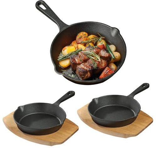 Navaris 2 Pentole in Ghisa - Pentola per Friggere - Set di Padelle Professionali - Bistecchiera - Pentola per Pane - Padella Forno Professionale - con Vassoio Legno Rettangolare