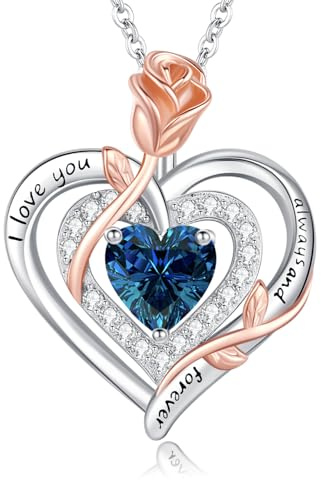 LAVUMO Collier Femme Véritable Argent Sterling 925/Laiton Pendentif Double Coeur Rose Fleur Pierre de Naissance Bijoux Cadeau Anniversaire Femme Cadeau Noël