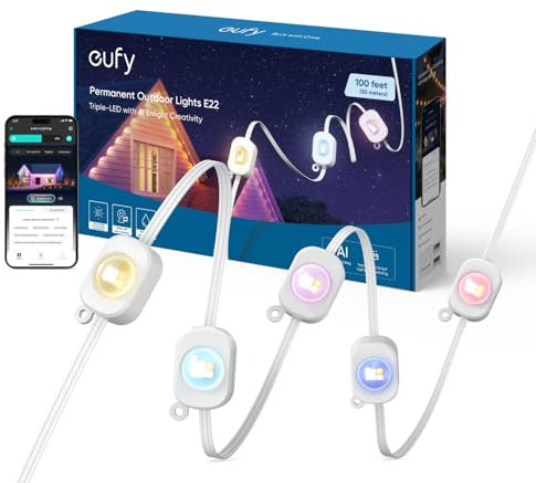 eufy Festinstallierte Außen-Lichterkette E22, 30m, 60 Triple-LEDs, Smarte RGBWW-Lichter, bis IP67 Wasserdicht, für Alltag & Feste, KI-Modi für Weihnachten, Kompatibel Kameras, App-gesteuert