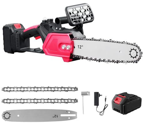 Chainsaw Electric Cordless 12 Inch, 21 V Brushless Motor Bettery Chainsaw with 2 Chains and1* 3000mAh, Handheld Pruning Saw for Wood Cutting Pruning Trees Trimming, Household Friendly