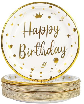 50PCS Happy Birthday Paper Plates 7 inch, Disposable White Gold Dessert Paper Plates Dinner Plates Cake Plate Party Supplies for Birthday Party Decorations (White Gold)