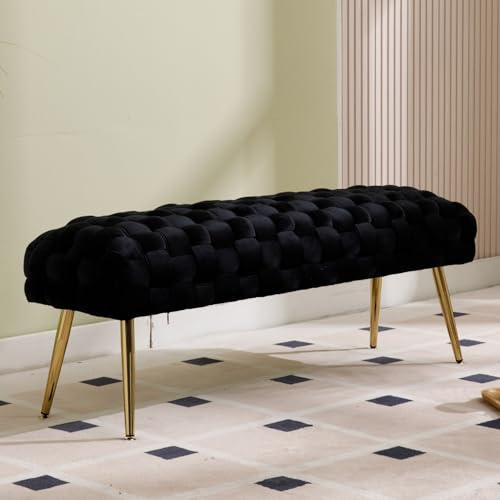 DAYALANE Banco acolchado de terciopelo con patas de metal doradas, diseño tejido, para dormitorio, cofre de asiento para pasillo, 120 cm, negro