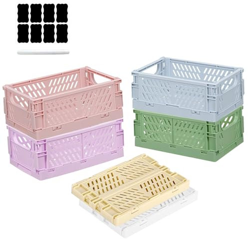 6 Pcs Collapsible Storage Crates with White Marker & Stickers, Mini Foldable Desk Plastic Box, Stackable Organizer Baskets, Small Folding Boxes for Office, Bedroom, Classroom, Home, Kitchen Organising