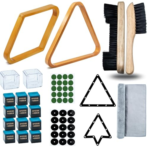 23Pcs Pool Rack with Pool Table Brush Kit, Billiards Triangle for 2-1/4 Ball Wooden Pool Table Racks Billiard Accessories(Gold)
