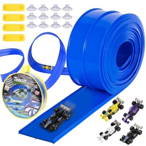 LOMUG racerbana för barn från 3 till 6 år – 4,5 meter bilbana med racerbana och 4 lätta metallfordon. Inkluderar förvaringsväska, ramp pojkar och flickor