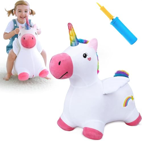 Tomatoys Licorne Sauteuse Gonflable pour Enfants – Animal Gonflable avec Housse en Peluche Lavable, Ballon Sauteur Bébé pour Intérieur et Extérieur, Cadeau Original de 18 Mois à 4 Ans