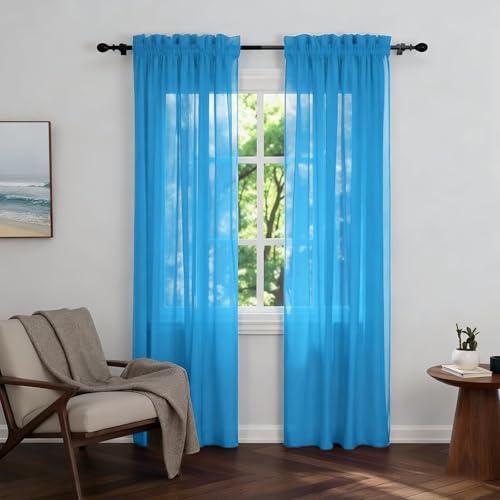 Zdada Net Curtains for Windows 72 Drop, Blue Voile Curtains 2 Panels | Slot Top Rod Pocket Semi Transparent Sheer Curtain Short Light Filtering Net Curtain for Living Room Kitcken W60 x L72 Inch