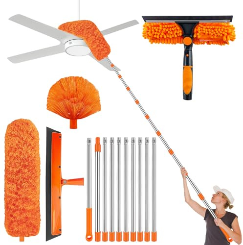 Staubwedel Teleskop Stange 4.3M, Spinnwebenbesen mit Teleskopstiel, Staubwedel Lang Ausziehbar 43 cm bis 430 cm, Staubwischer und 2 in1 Fensterwischer für Unter Sofa Fenster Decken Spinnweben