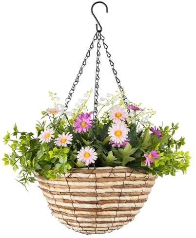 CHRISTOW Artificial Daisy Hanging Basket - Woven Garden Planter Decoration with Pink & Lilac Flowers, UV-Resistant Foliage, Pre-Fitted Triple Steel Chain, 25cm Diameter