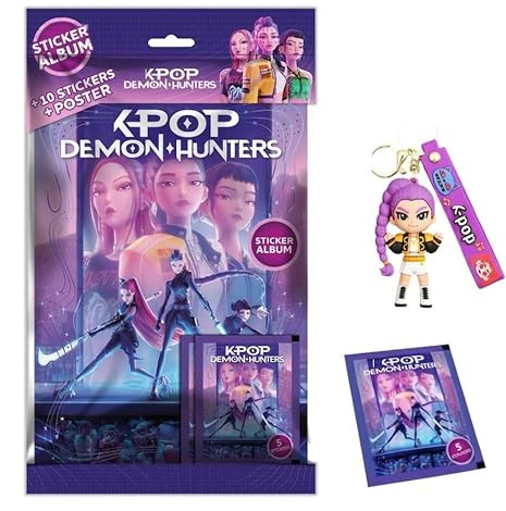Album Figurine Pop Demon Hunters RUMI MIRA ZOEY personaggi con 2 Bustine di Sticker + 8 bustine figurine + Poster + Portachiave