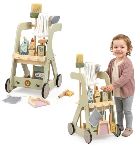 Mamabrum Carrello per la pulizia dei bambini in legno con accessori su ruote set da 11 pezzi giocattolo educativo gioco di ruolo
