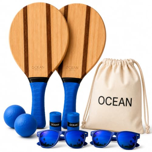Ocean Padel Premium set med strandpaddlar i trä, 2 paddlar frescobol/strandtennis med 2 bollar, bärväska och 2 solglasögon, blått handtag