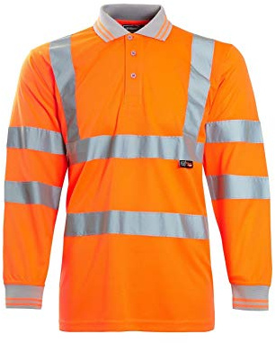 Mens Hi Vis Viz High Visibility Reflective Tape Safety Polo Contrast Long Sleeve Workwear Visibility Tee Tshirt Top Orange L