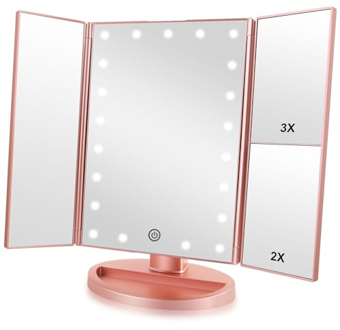 Infitrans Espejos con Luces, Espejos de Mesa con Tres Pantallas Táctiles Plegables, 1X/2X/3X la Ampliación y Cargadores USB o Inalámbricos, Luces LED Ajustables de 180 ° de Espejo Maquillaje