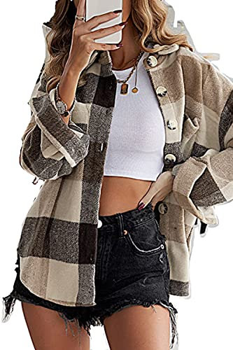 HVEPUO Damen Shacket Bluse Elegant Karohemd Holzfällerhemd Holzfäller Jacke Hemdjacke Kariert Herbst Mode Hemden Khaki L