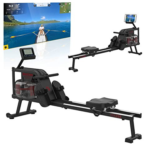 Neezee Rudergerät, Rudergerät für zuhause mit Aluminium Schiene, Rudergerät Wasser mit Tabletständer, Wasserwiderstand und LCD Display Rudermaschine, Gray-Black