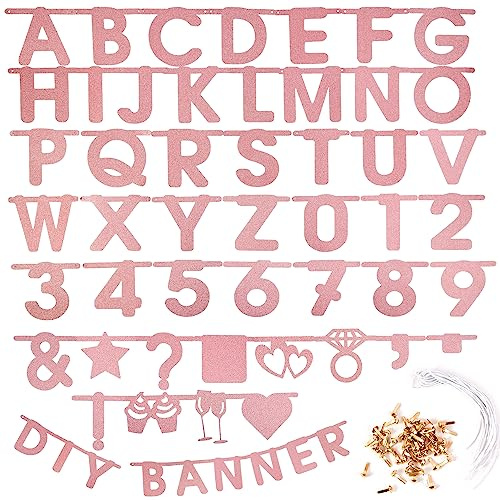 SUNBEAUTY 127P Rosegold Glittery DIY Custom Banner Kit Make Your Own Banner | Customizable Letters Symbols Banner for Birthday Wedding Baby Shower Graduation Retirement Xmas Party Decoration Photo Prop