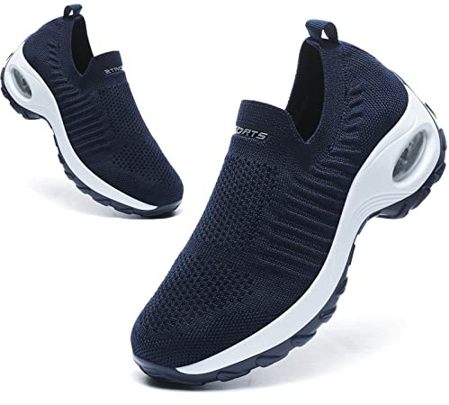 Zapatos de Caminar para Mujer, Zapatos de Malla Transpirable, Ligeros, para Correr, Entrenamiento, con Parte Inferior Gruesa, Zapatos de cuña con amortiguación de Aire, Azul Oscuro., 40 EU