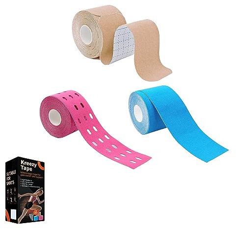 Kreezy wasserdichte Sporttapes, 3 Rollen mit 3 Arten, atmungsaktives Kinesiologie-Tape zur Linderung von Muskelschmerzen und Gelenkunterstützung, entworfen aus hypoallergenen Materialien