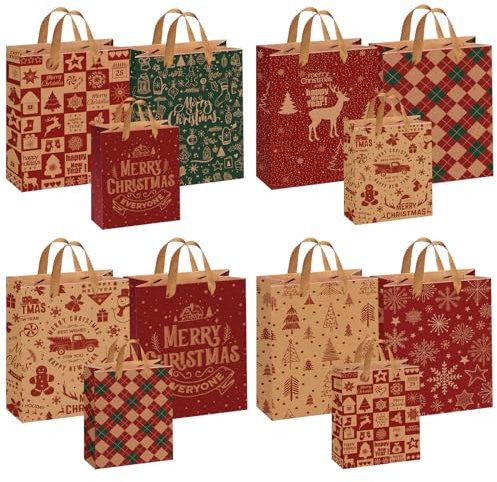 WEVOL 12 Stück Geschenktüten Weihnachten,Natur Kraftpapier Weihnachtstüten Set,Papiertüten Braun mit Henkel, Kinder Verschiedene Größen(Groß/Klein),Personalisiert Nikolaussäckchen Papier