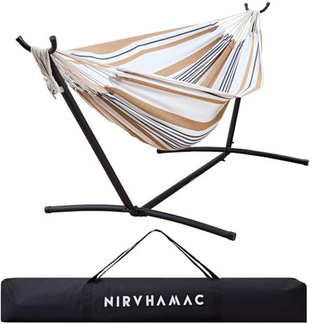 Nirvhamac Hängematte mit Gestell | Bequem, robust und elegant | Ideal als Außen- oder Innenhängematte | Für eine oder zwei Personen | Max. 200 kg | Weiß, Schwarz, Braun
