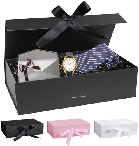 Presentförpackning, 21 x 17 x 7 cm presentförpackning med lock, presentlåda, presentlåda, presentlådor med magnetiskt lock och rosett för födelsedagar, bröllop, jul, halloween