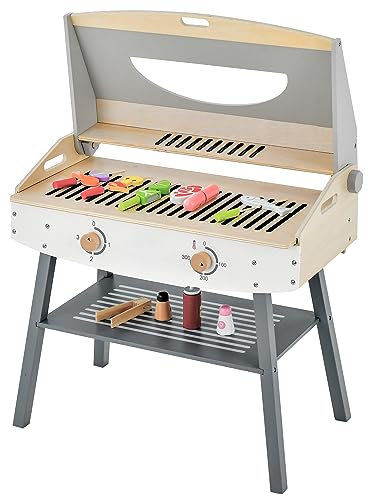 GOPLUS Kinder Grill Spielzeugset, BBQ Grill Set aus Holz mit Klammer, 4 BBQ-Spieße, 9 bunt Lebensmitteln & 3 künstlichen Gewürzen, Kinderküche für Mädchen und Jungen ab 3 Jahren