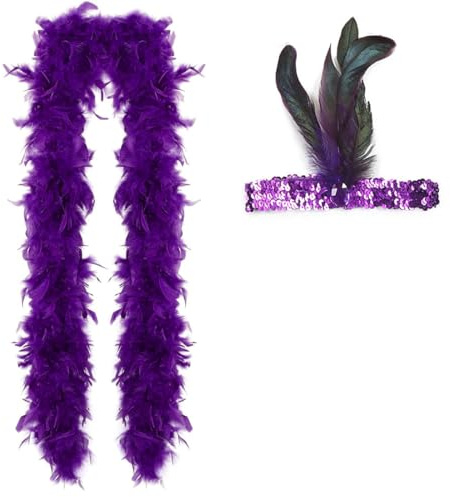 NHQ Boa Plume, 2 Pièces Accessoire Année 20 - Boa en Plumes 1.8 M Avec Bandeau à Paillettes Mauves - Pour Déguisement
