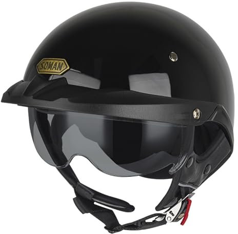 ZXJDP Bright Black,M, Halboffener Motorradhelm für Herren und Damen, DOT/ECE Retro klassischer Moped-Helm, Schnellverschluss Leichter Vintage Jet Helm mit Visier für Roller,Straßenrad