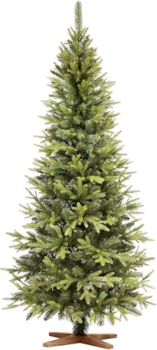 FAIRYTREES Weihnachtsbaum künstlich 220cm Nordmanntanne Bleistift Premium | Tannenbaum Holzständer | Made in EU | Christbaum künstlich mit Naturgetreue Spritzguss Elemente