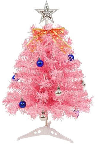 Uten Mini Albero di Natale, 55 cm Alberi di Natale Rosa con 30 Lucine LED, 15 Palline di Natale, Stelle, Fiocchi per Ufficio, Soggiorno, Davanzale Decorazione Natalizia