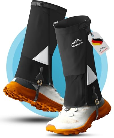 Alpenwert Gamaschen Wasserdicht [Deutsches Start-Up] geschützt beim Wandern, Jagd, Schnee, Winter, Regen Gaiters Regenstulpen für Herren und Damen (Schwarz, L)