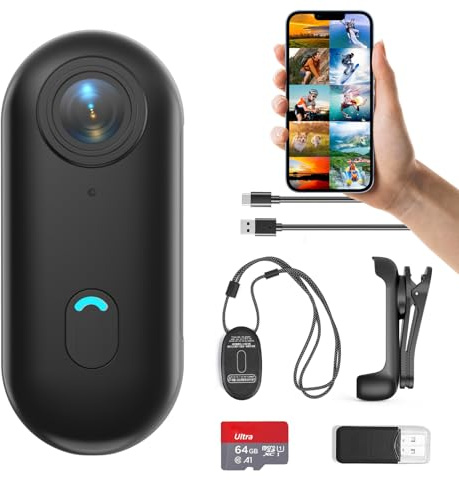 FOUKWAKC H7 64 GB 1080P Action Camera, mini fotocamera da corpo, fotocamera tascabile indossabile con cordino magnetico, piccola videocamera portatile da casco per lavoro, ciclismo, viaggi