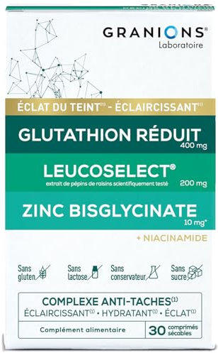 GRANIONS - COMPLEXE ANTI TACHE VISAGE – Glutathion, Vitamine C, Zinc bisglycinate, Selenium, Niacinamide - Éclat, Uniformité du Teint, Éclaircissant, Hydratant Visage - Fabriqué en France - 1 MOIS