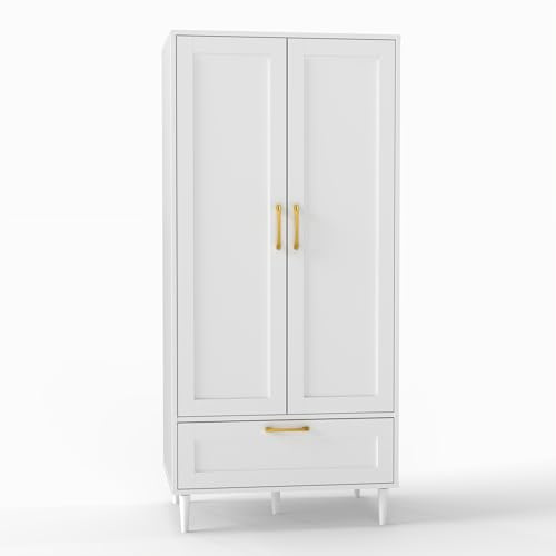 Gdchanyiyi Bedroom storage wardrobe with hanging rod, 59 inch high double door wardrobe and drawer combination, modern storage cabinet, white